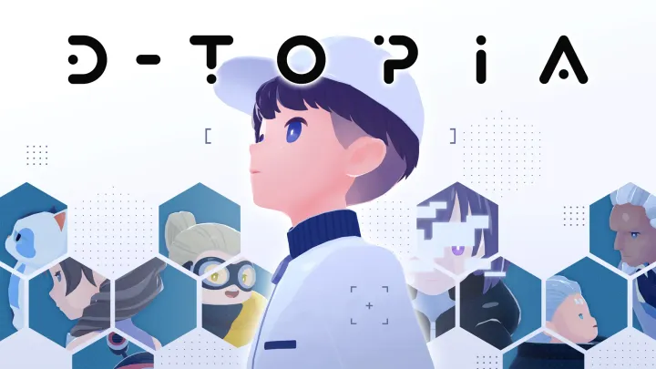 A young boy in white clothing with other characters viisble across fragmented hexagonal tiles in the background