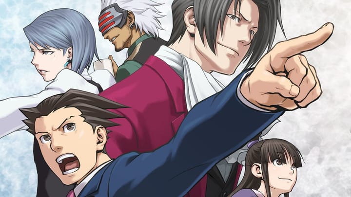 A lawyer in a blue suit pointing. Behind him are four other characters - One in a red suit, one with blue hair, one with a red face mask, and a teen girl