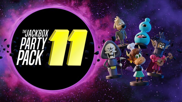 Jackbox Party Pack 11 key art shows a black hole on the left, five figurines floating in space on the right