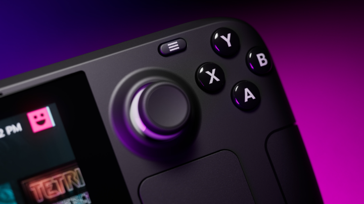 Right corner of a Steam Deck showing the right thumbstick, buttons for A, B, X, Y and the options menu.