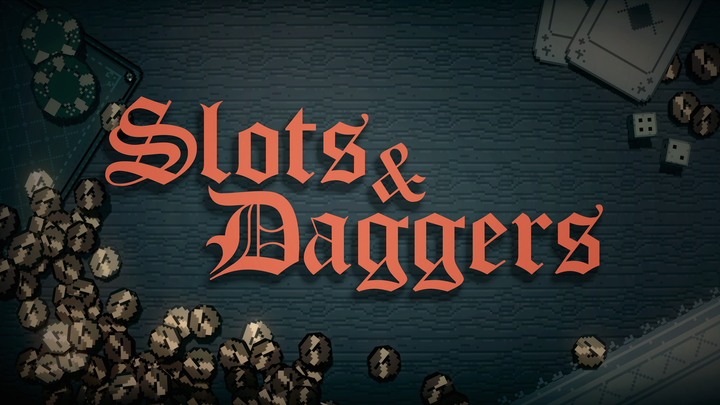 Slots & Daggers logo above a set of pixel art coins