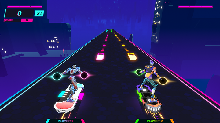Two players riding a futuristic surfboard across a neon environment