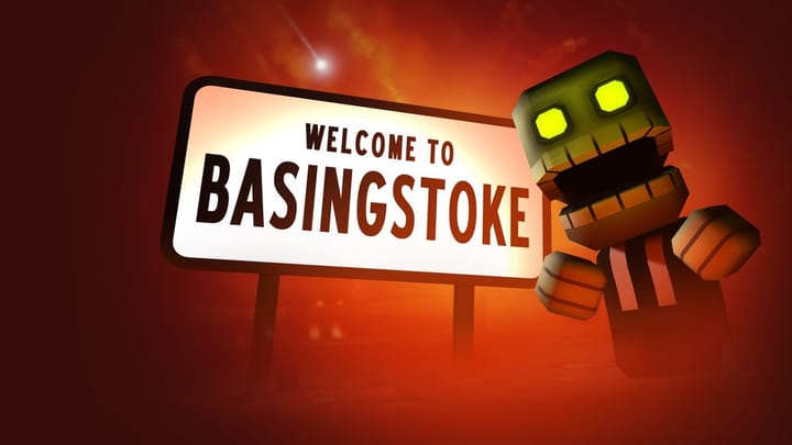 Welcome to Basingstoke on a sign with an open mouth, yellow eyed cartoon enemy nearby