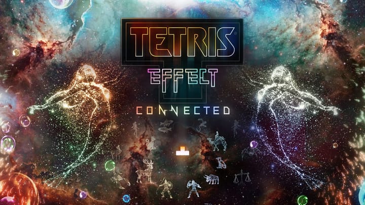 Tetris Effect key art shows characters made out of stars across the constellations