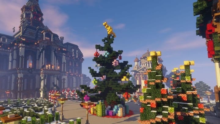 Minecraft screenshot showing Christmas trees and presents around