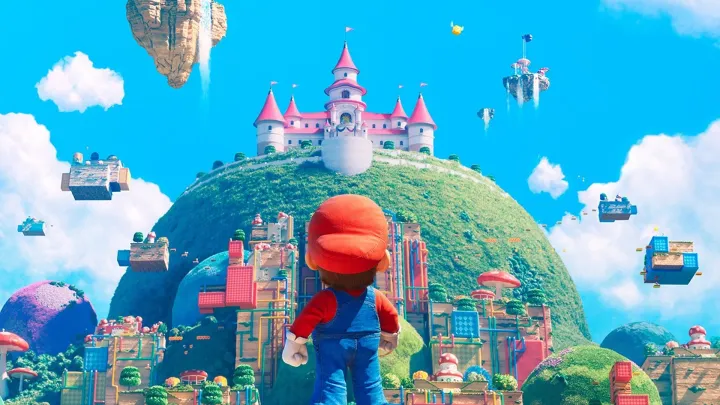 Mario looking over the Mushroom Kingdom in 2023's The Super Mario Bros movie.