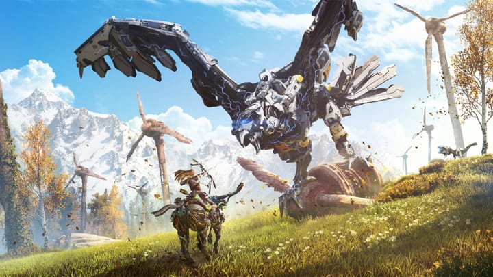 Aloy riding a mechanical creature, attacking a robotic giant bird-like machine with a cross bow