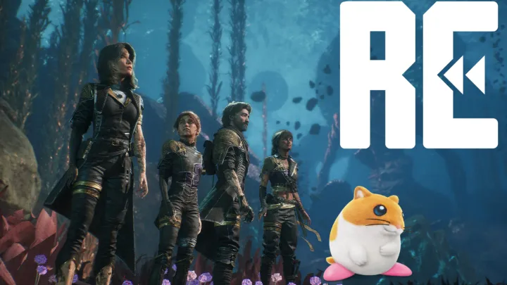 Four characters in a gold/black uniform standing in an underwater biome. Hamster called Rick from the Kirby series is also here